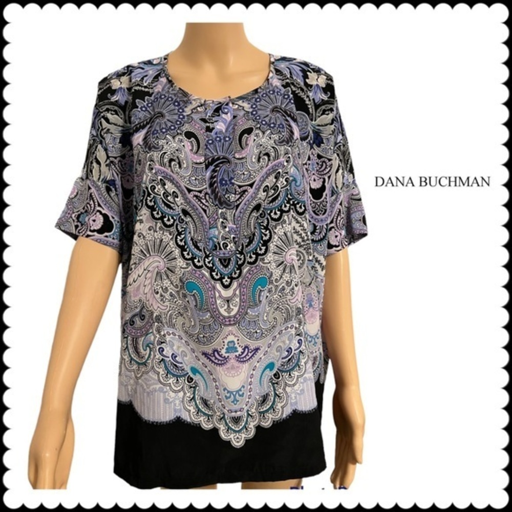 Dana Buchman Womens Medium Paisley Blue Short Sleeve Blouse